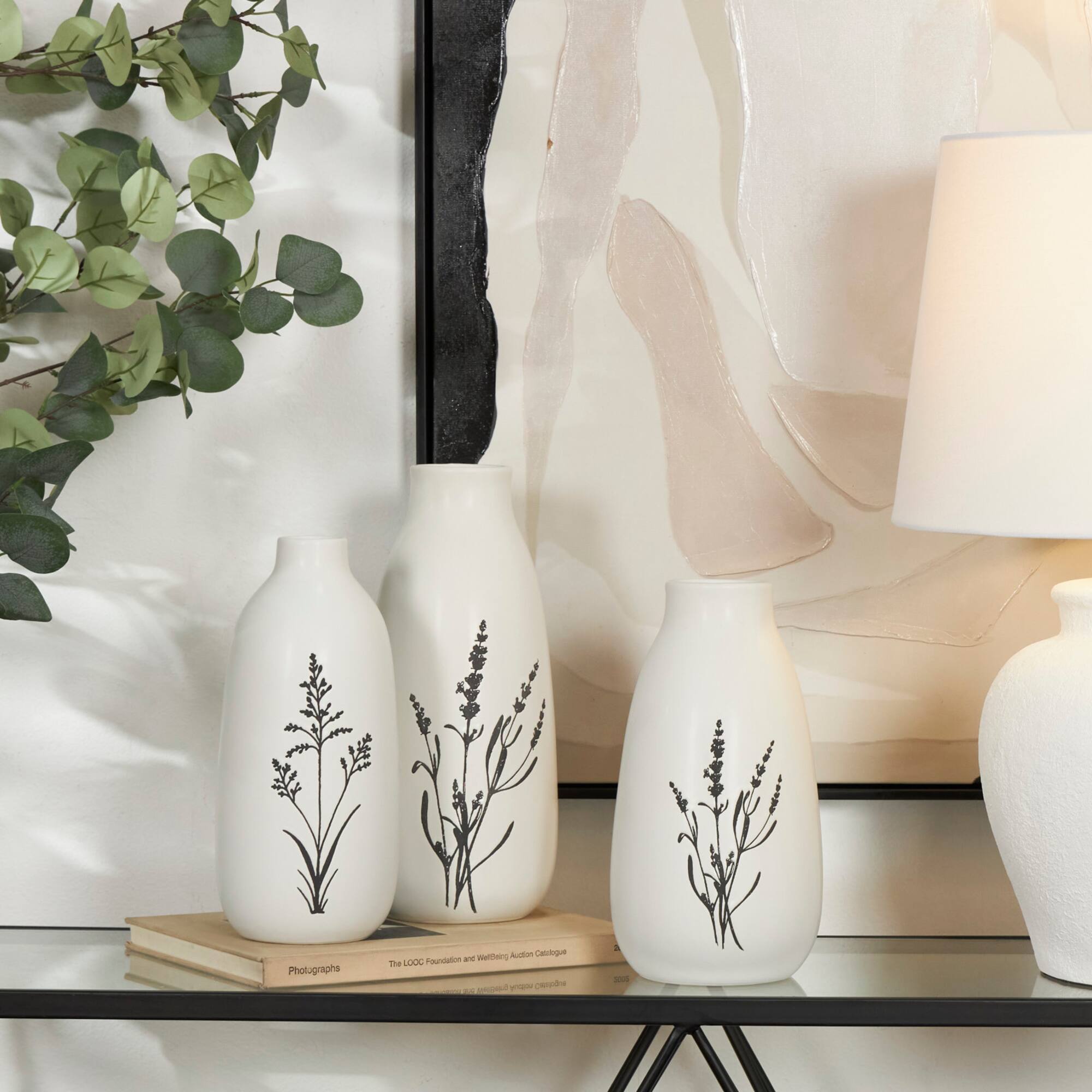 White Ceramic Vase with Black Lavender Prints Set